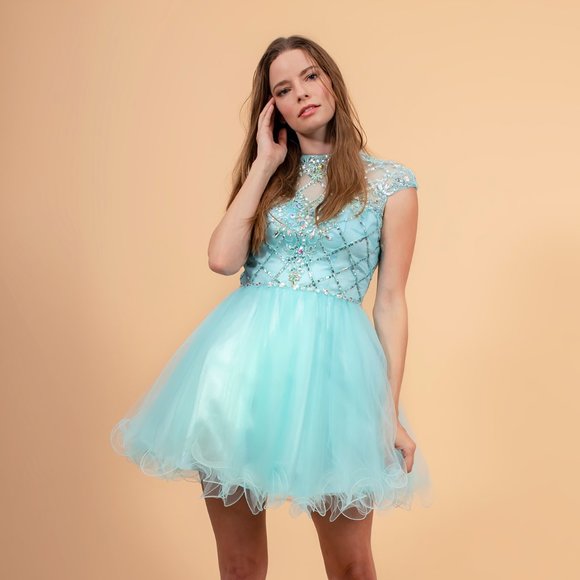 NEW SLEEVELESS BABY DOLL EMBROIDERED SEQUINS DRESS WITH ZIPPER BACK GL GS2044
